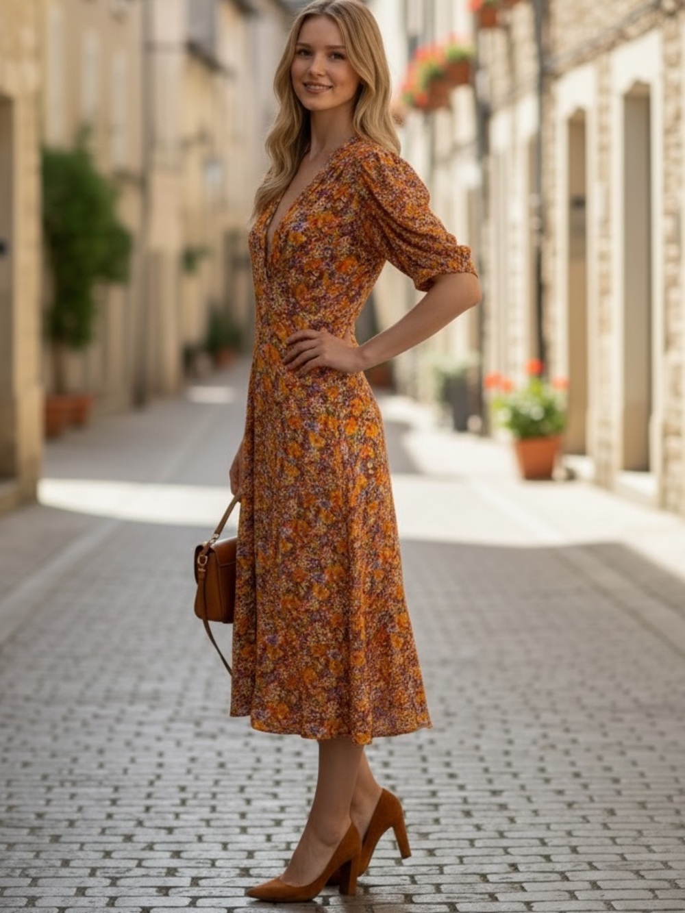 FAITHFULL THE BRAND FLOWY MIDI DRESS V-NECK FEMININE PRAIRIE ROMANTIC SIZE 6 MED - Picture 3 of 16